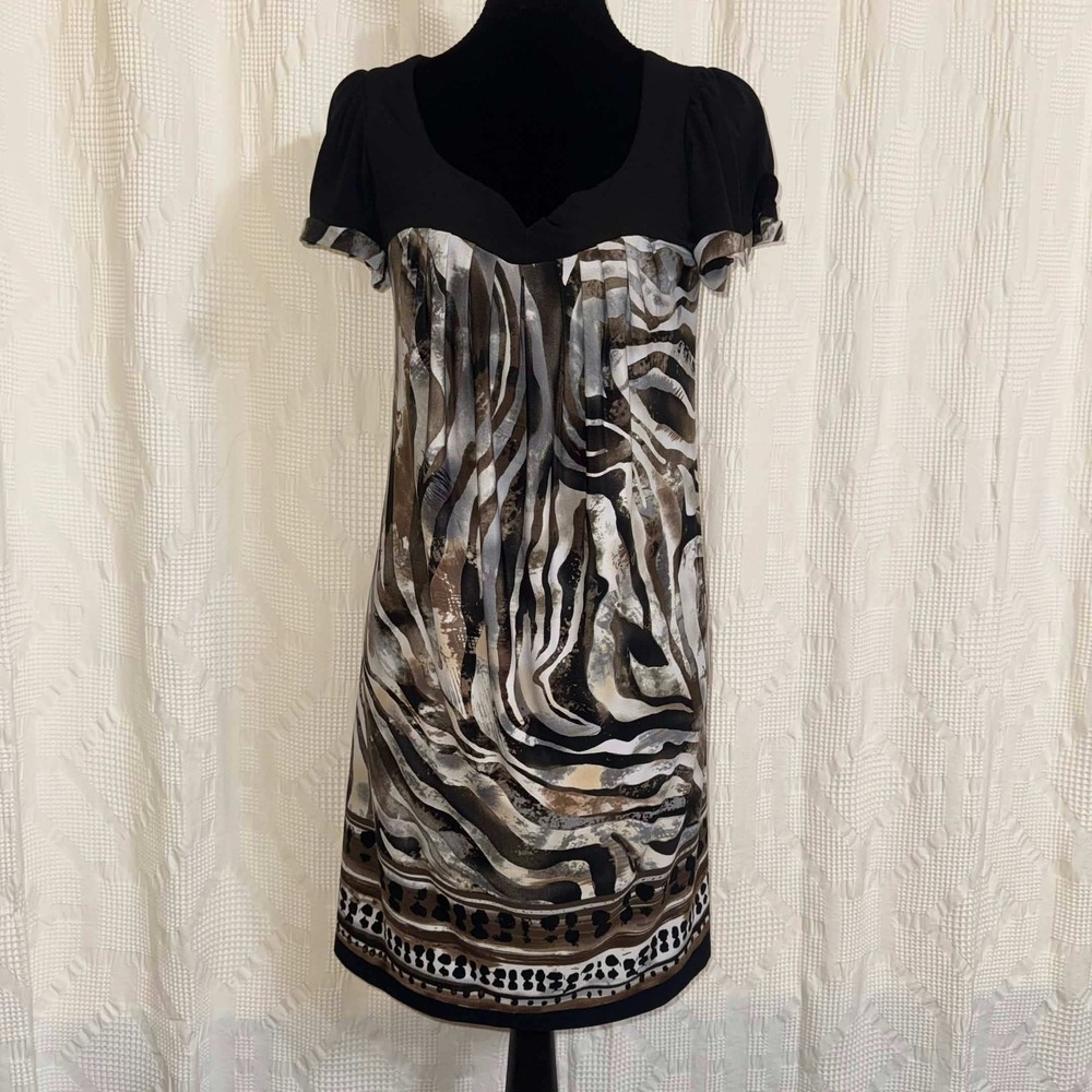 En Focus Studio Dress Black Brown Zebra Print Empire Waist Pleated Office Size 4